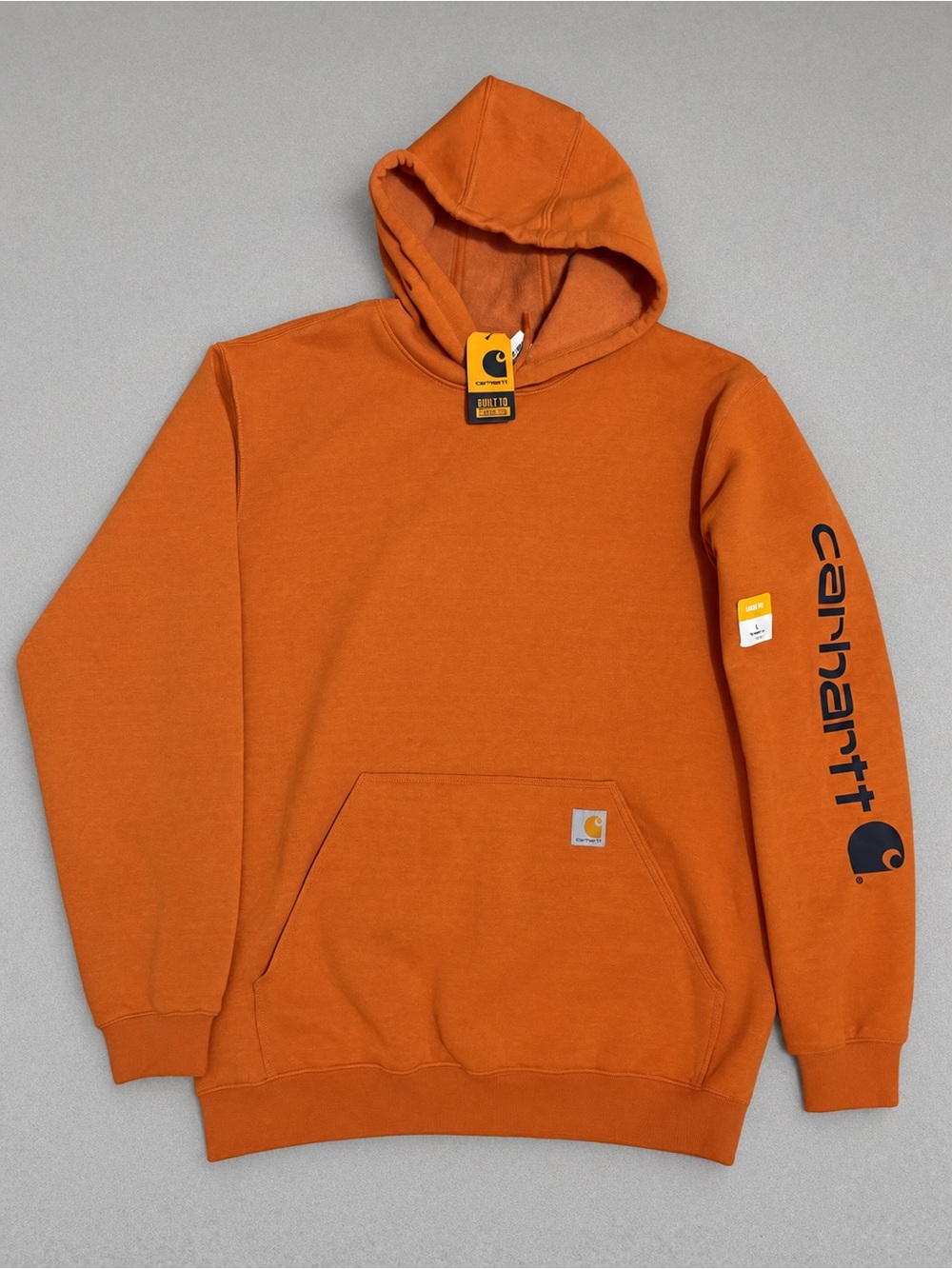 Carhartt Men's Bright Orange Pullover Hoodie with Sleeve Logo size L